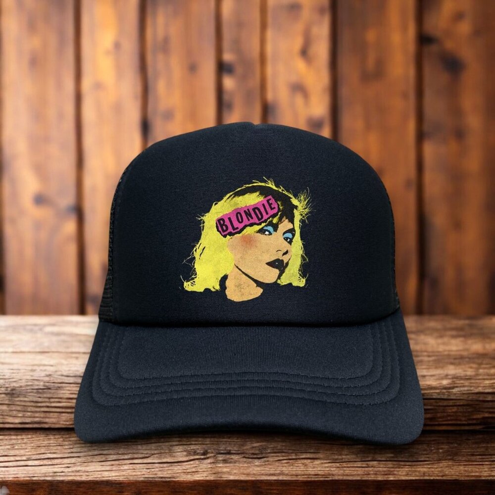 Blondie Mens Trucker Hat Black 80s Disco Punk Rock Heart Of Glass Baseball Cap